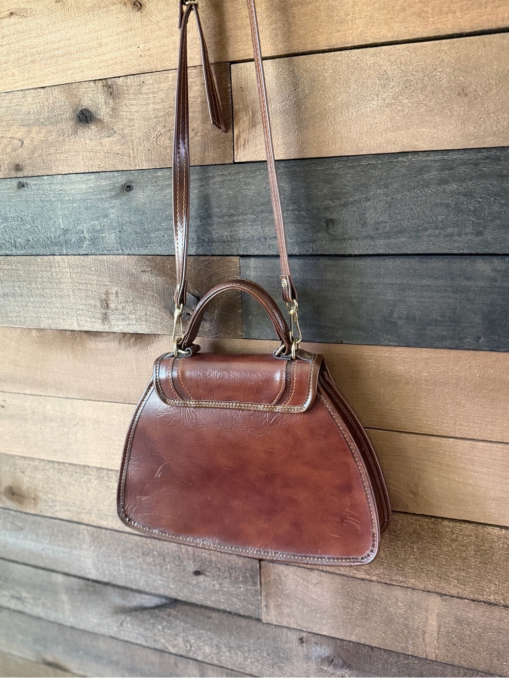 Vintage 70s Brown Top Handle Crossbody Satchel Bag Made In Korea - Picture 5 of 10